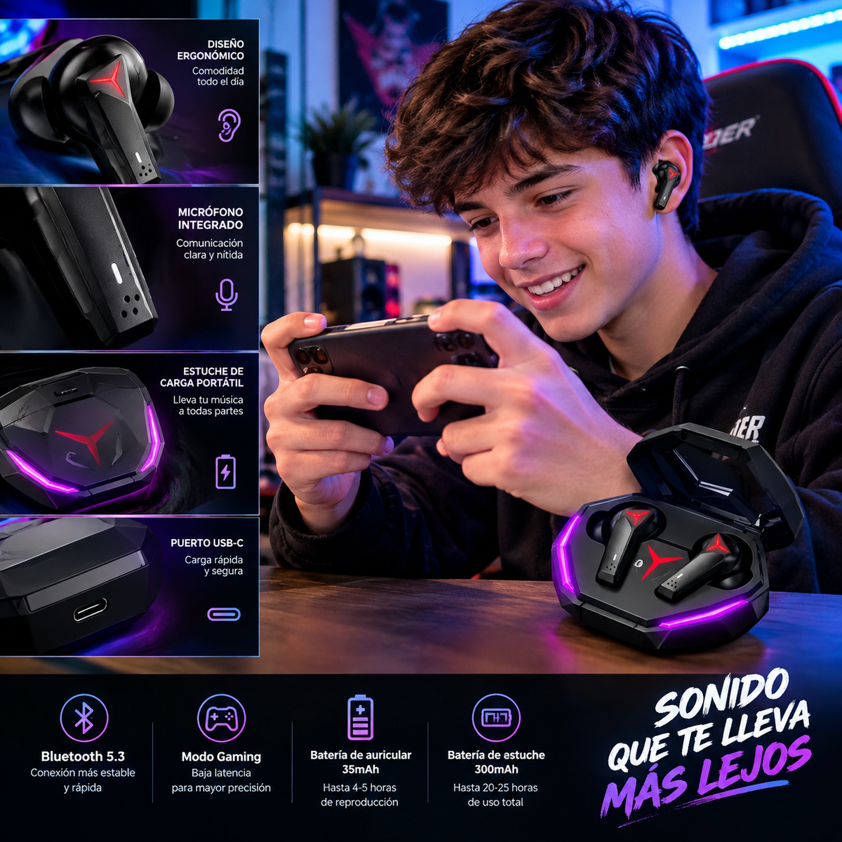 Audifono bluetooth gamer de baja latencia ewtto