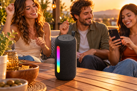 Amigos escuchando música con parlante Ewtto ET-P1120B en terraza
