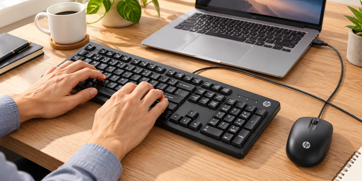 Kit HP 160 de teclado y mouse con cable USB — ejemplo de uso