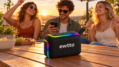 Amigos disfrutando música con parlante Ewtto en una terraza